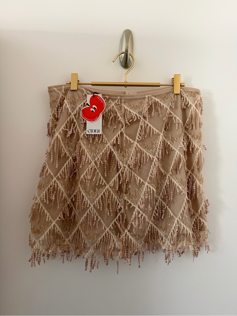 Cider Neutral Beaded Fringe Mini Skirt